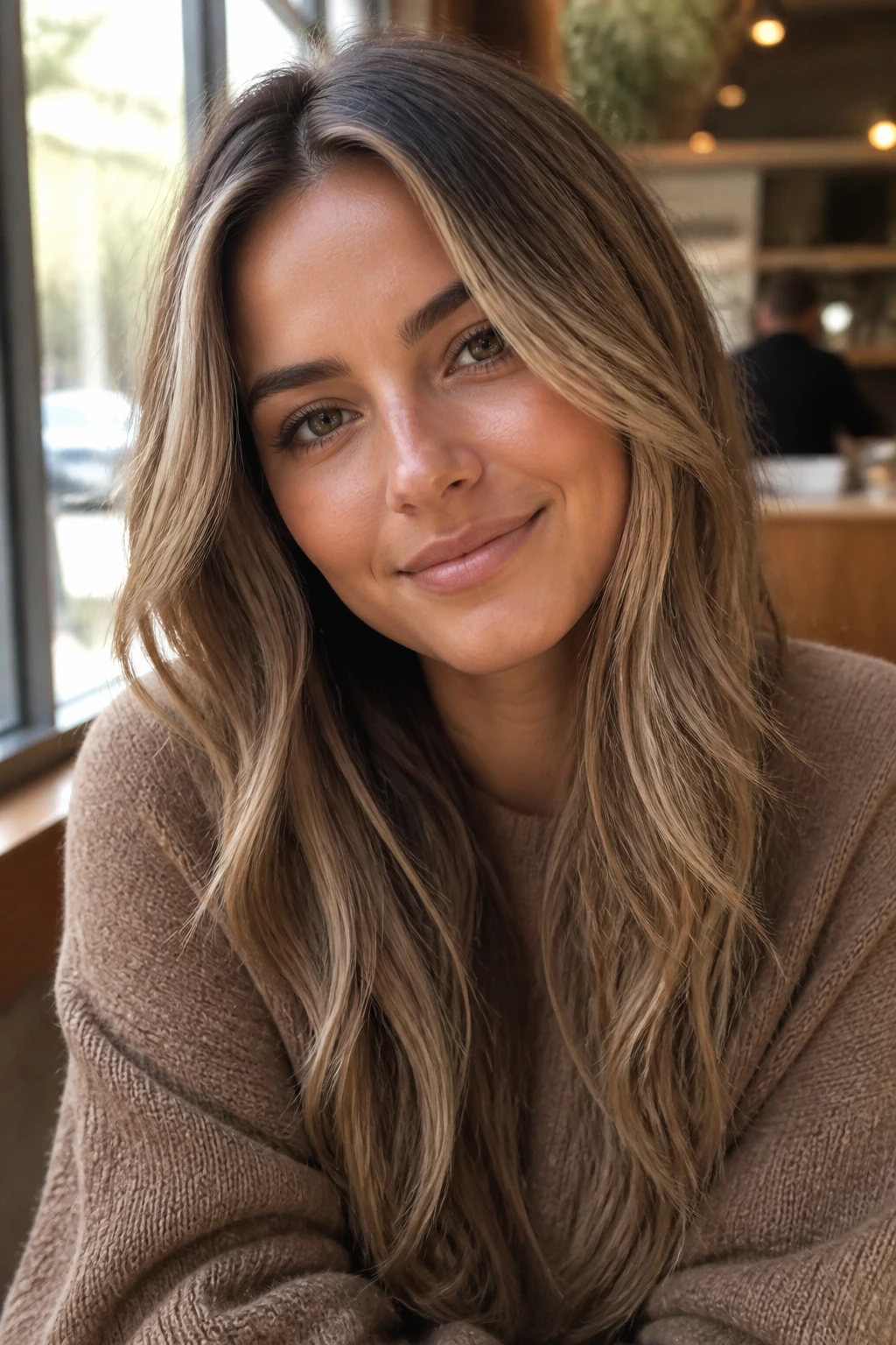 Close-up portrait of a real woman with beige brown hair and soft money pieces.