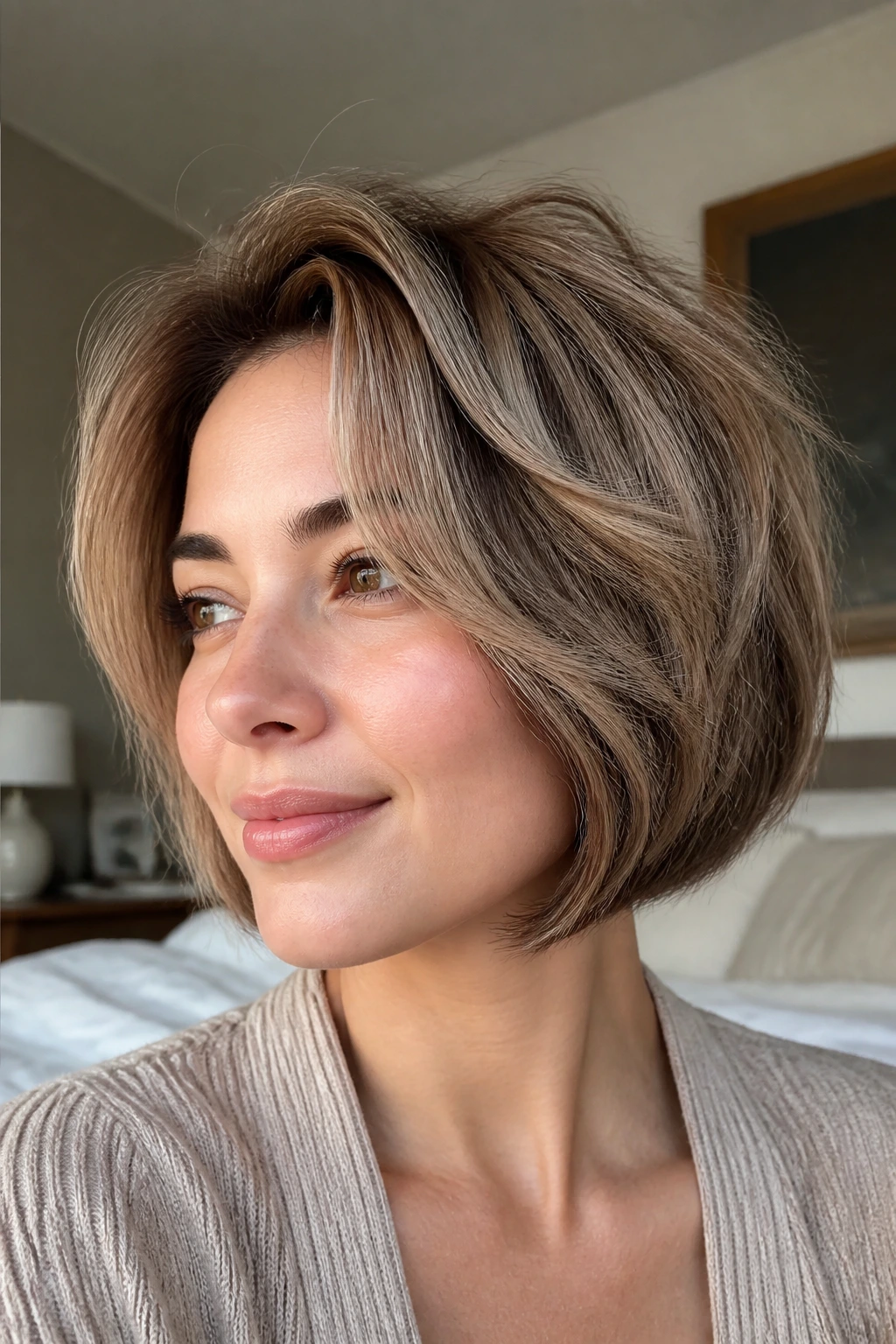 Close-up portrait of a real woman with beige brunette bob and airy volume