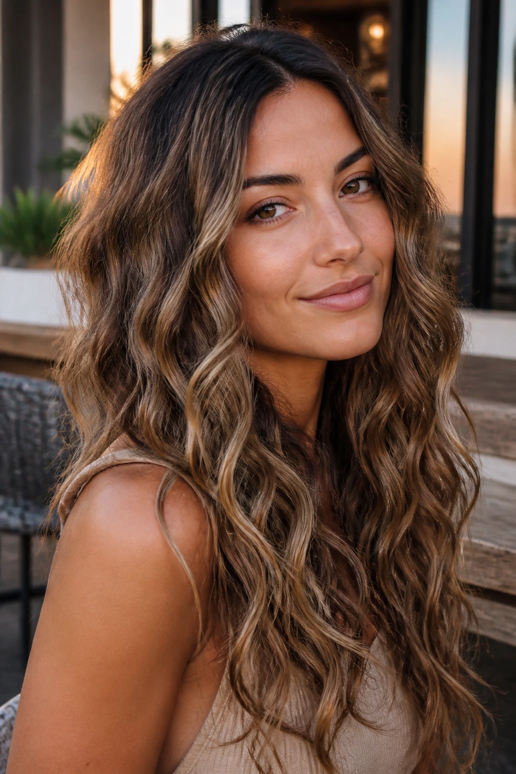 Close-up of beige brunette hair with subtle babylights on beachy waves.