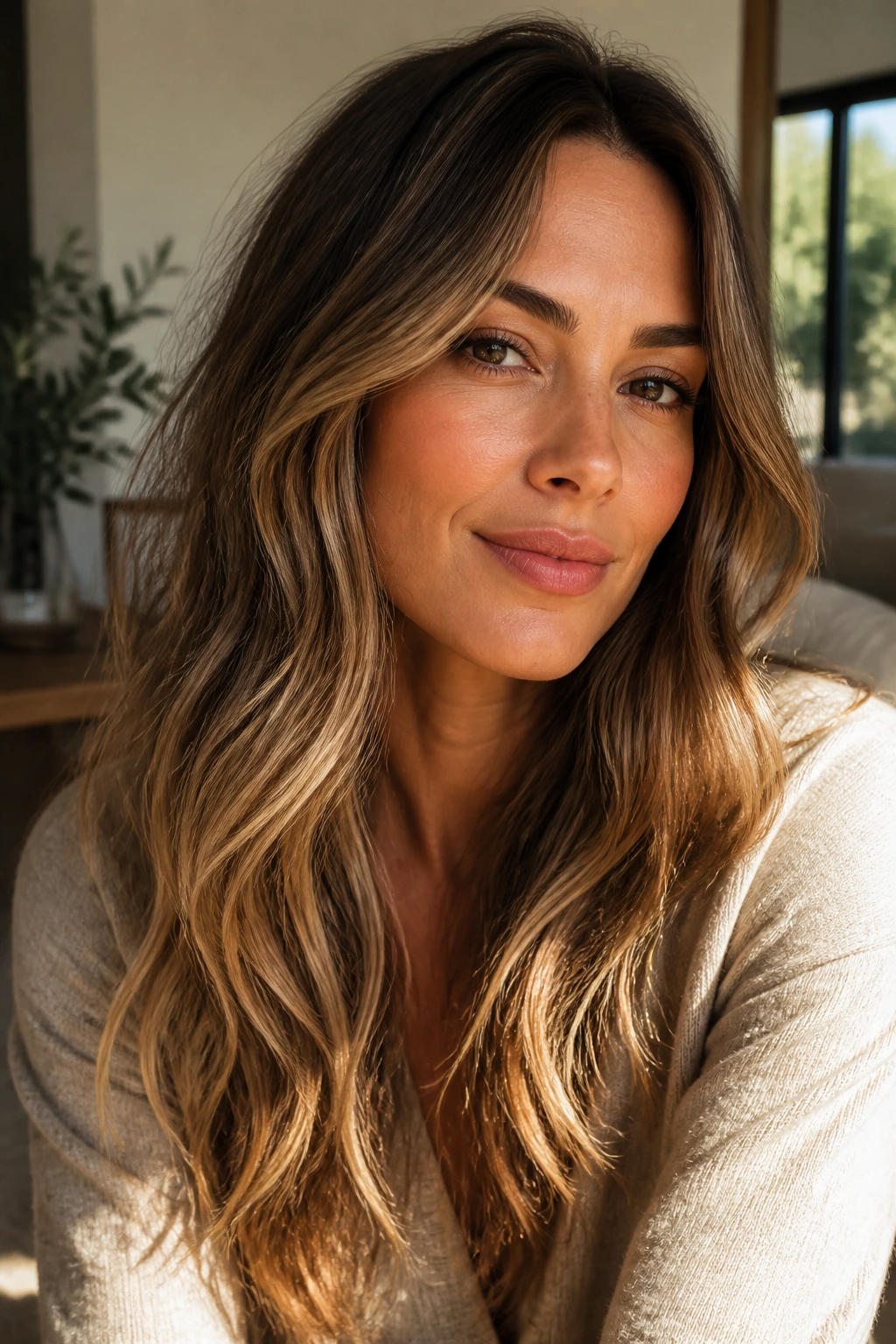 Close-up portrait of woman with sunlit beige brunette hair color