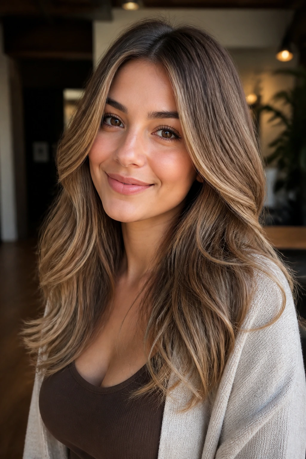 Close-up of a real person with warm beige brunette lift around the face