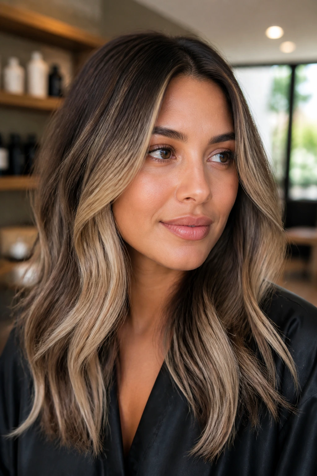 Close-up portrait of a real woman with beige brunette panels in hair