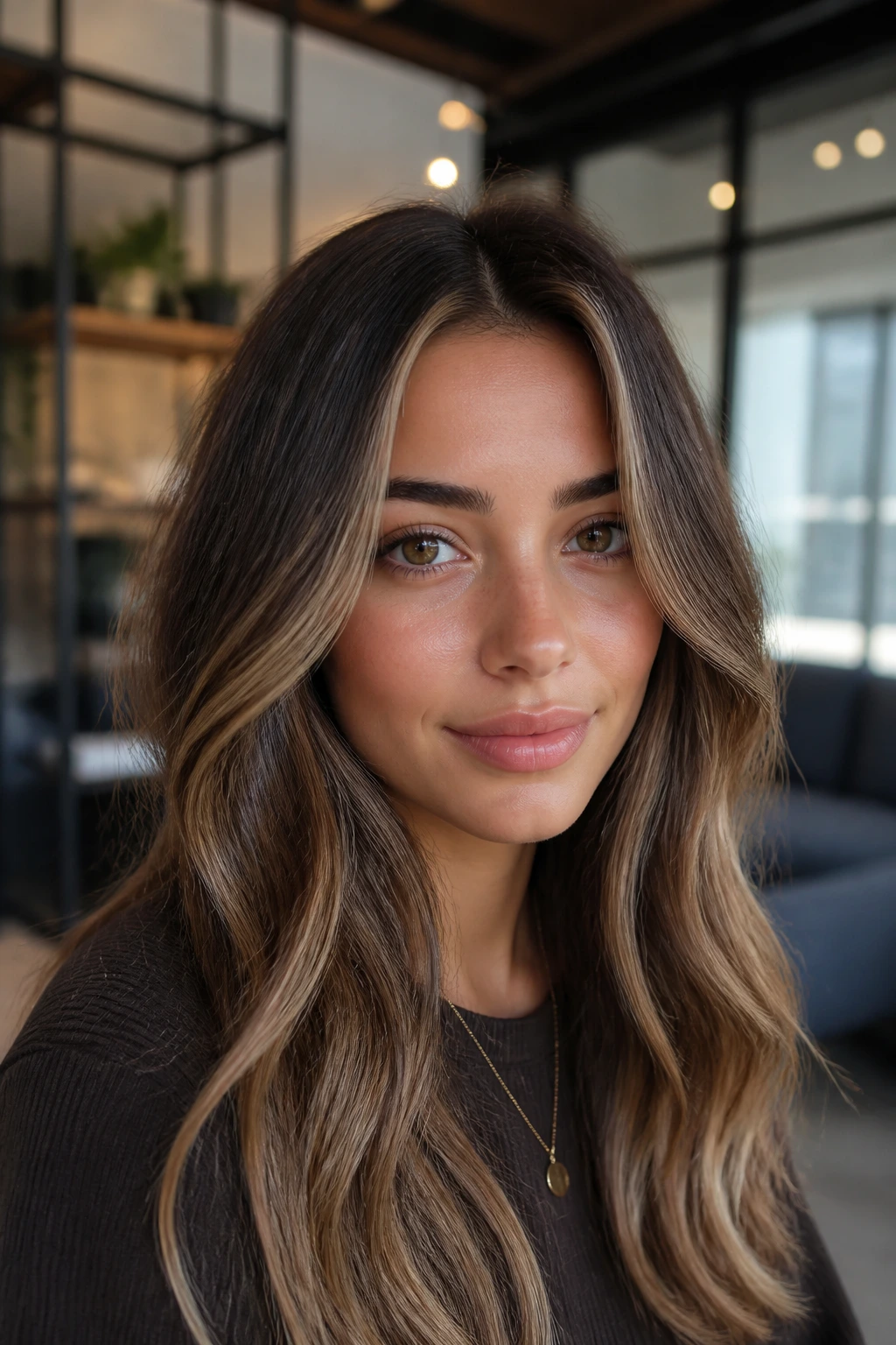 Portrait of a real woman showing beige brunette with ribbon lights under natural window light