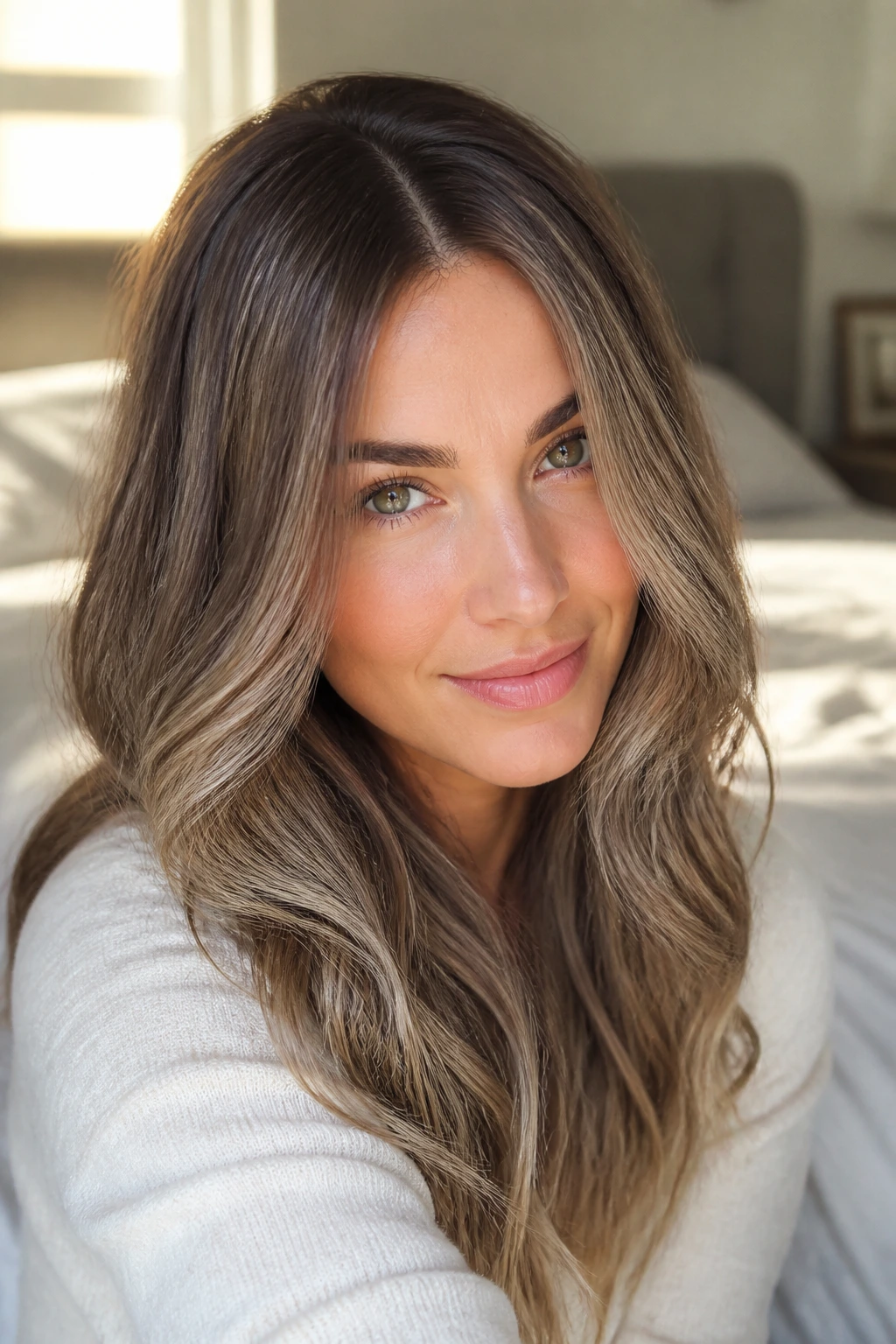 Close-up portrait of a woman with beige brunette hair and a subtle root tap in soft morning light