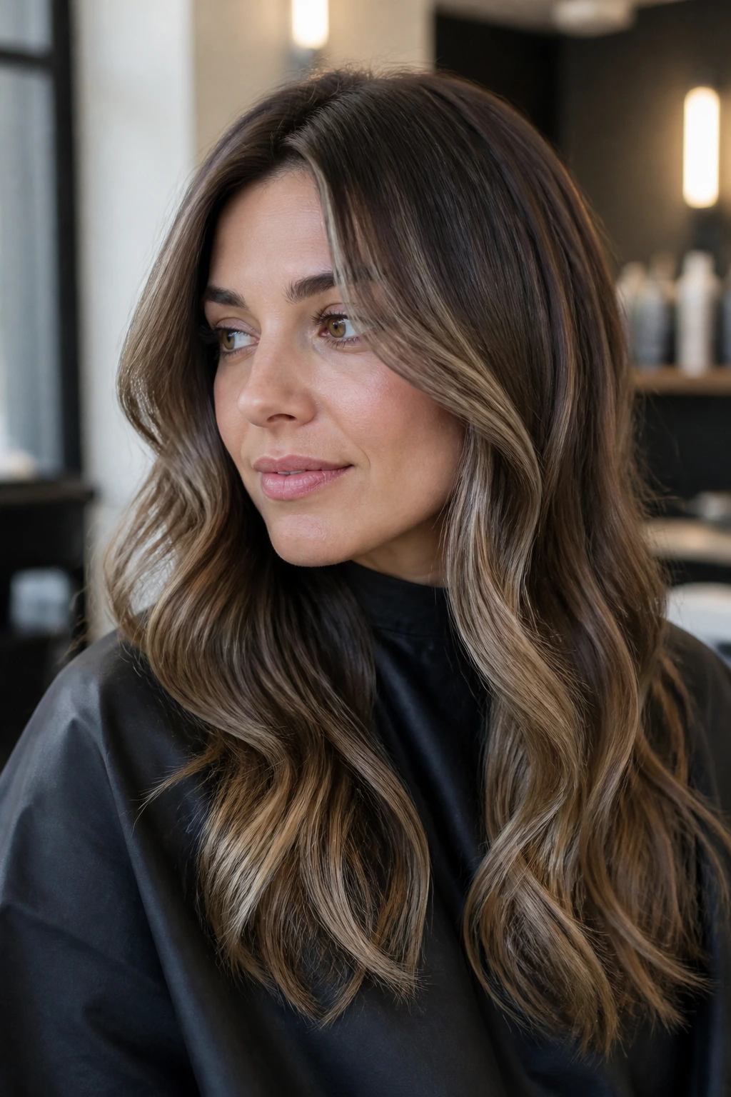 Portrait of a woman with beige caramel shades on cool undertone hair