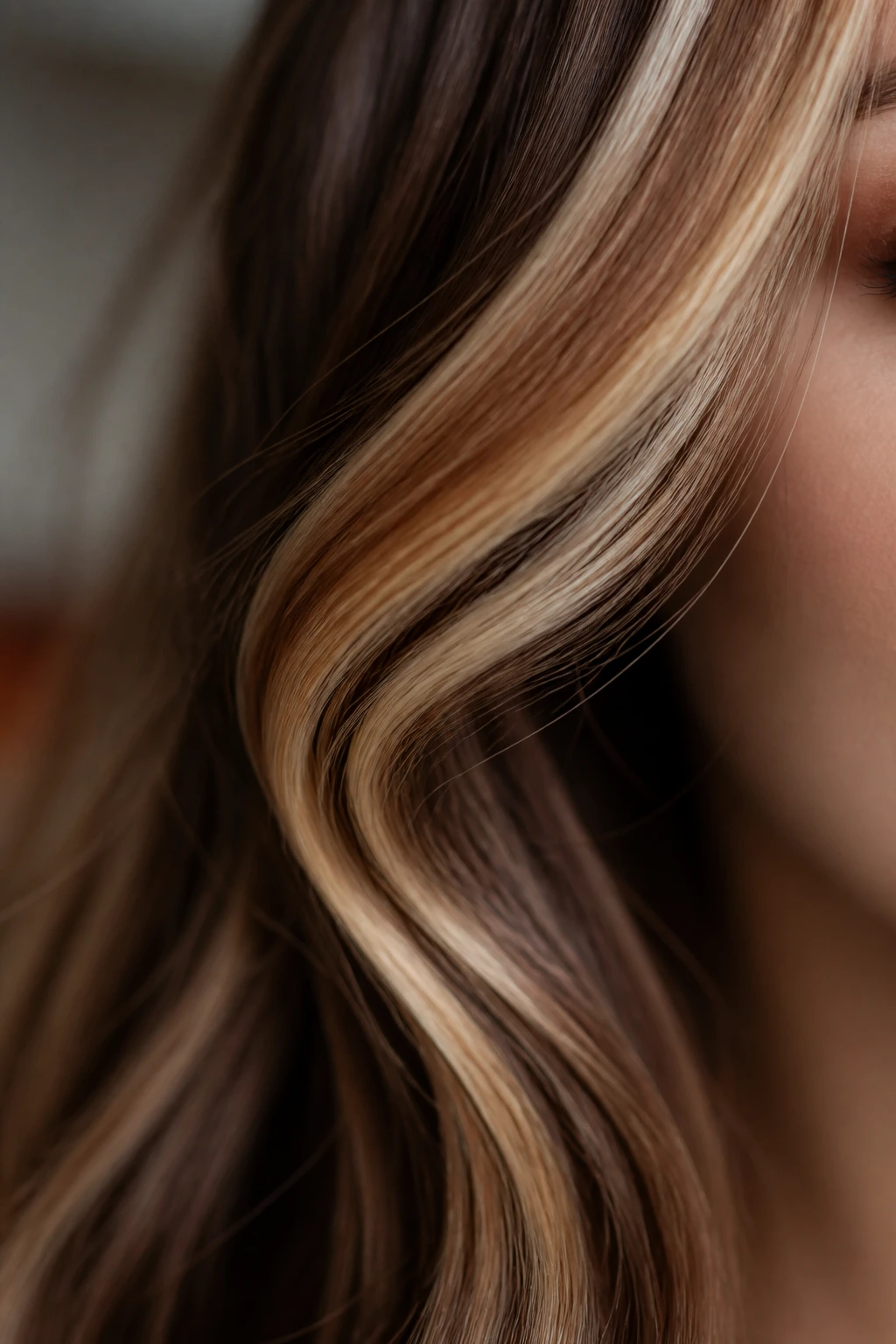 Hair strand showing beige caramel and chocolate ribbons illustrating color variations