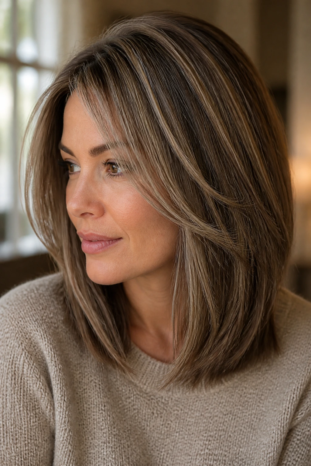 Close-up of a real woman with beige caramel and cocoa lows for fine hair