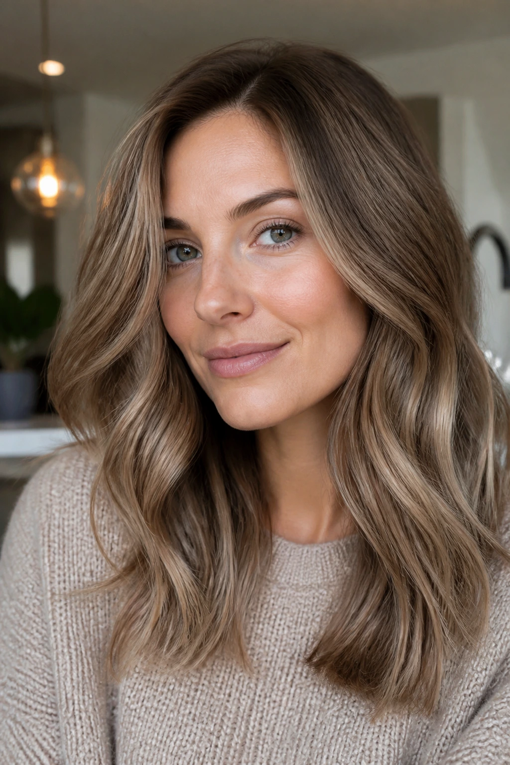 Close-up of a woman with beige caramel tones on cool skin under natural light