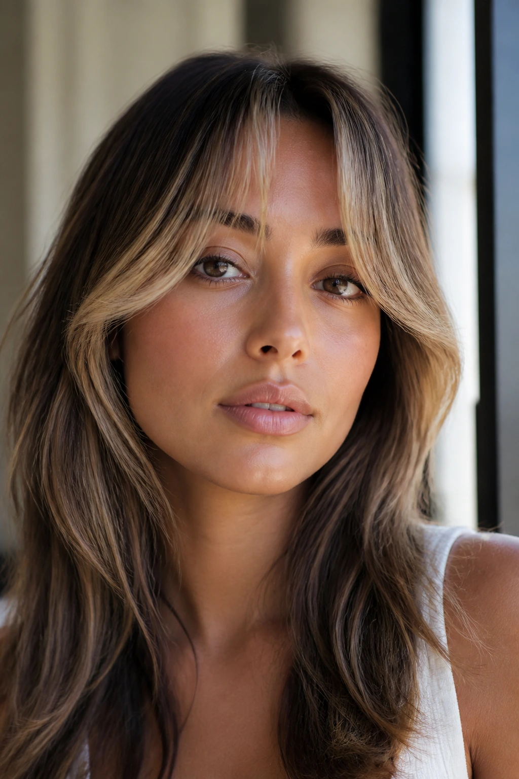 Close-up portrait of a real woman with beige caramel curtain bangs on olive skin