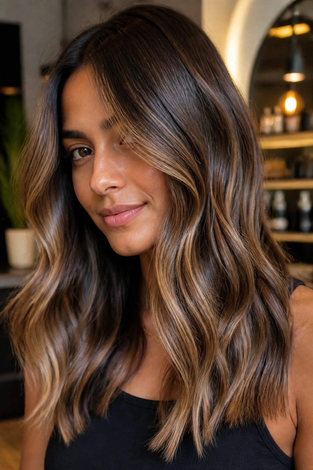 Real person with glossy caramel-beige hair close-up