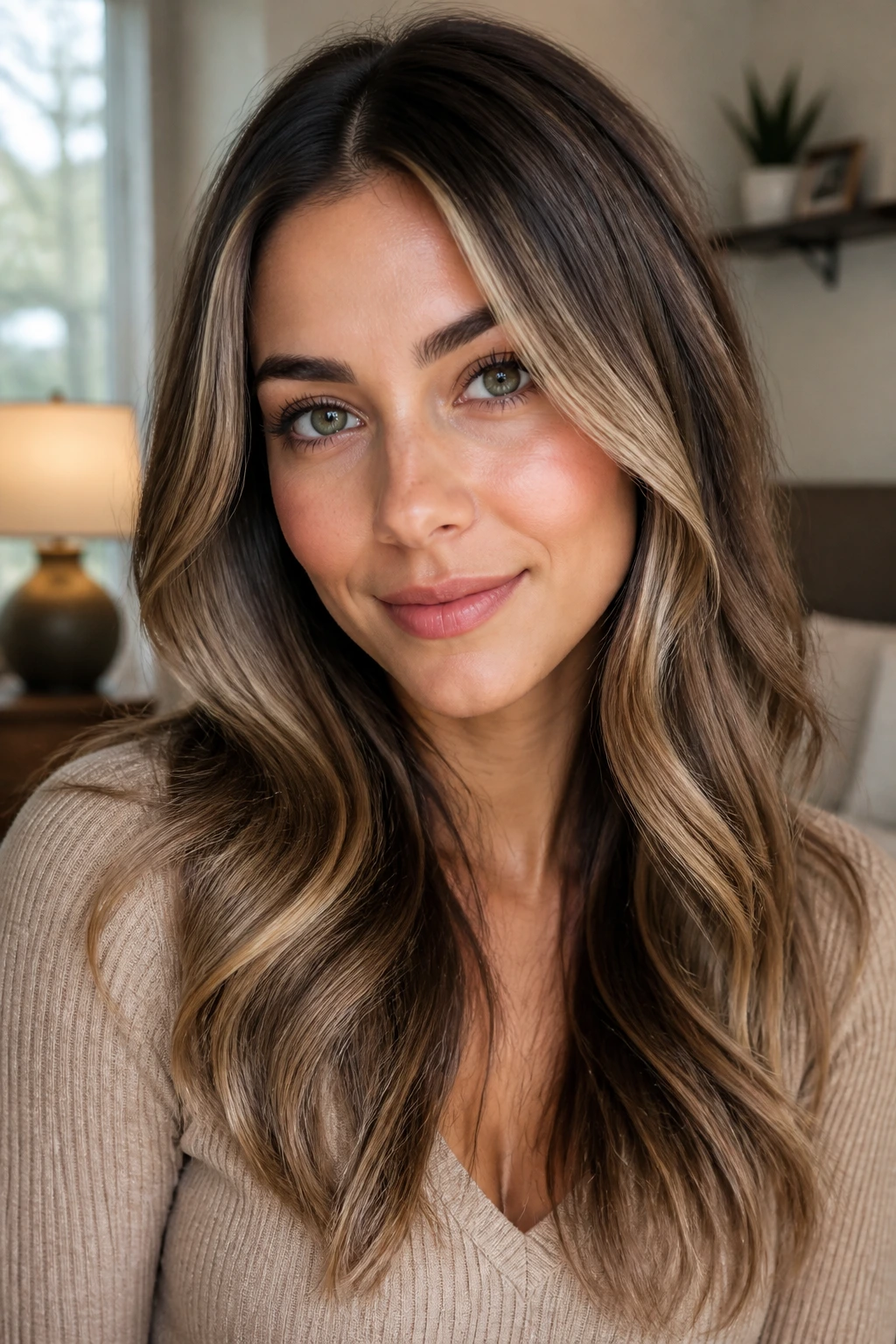 Portrait of a woman with glossy caramel ends and brightened face-framing piece