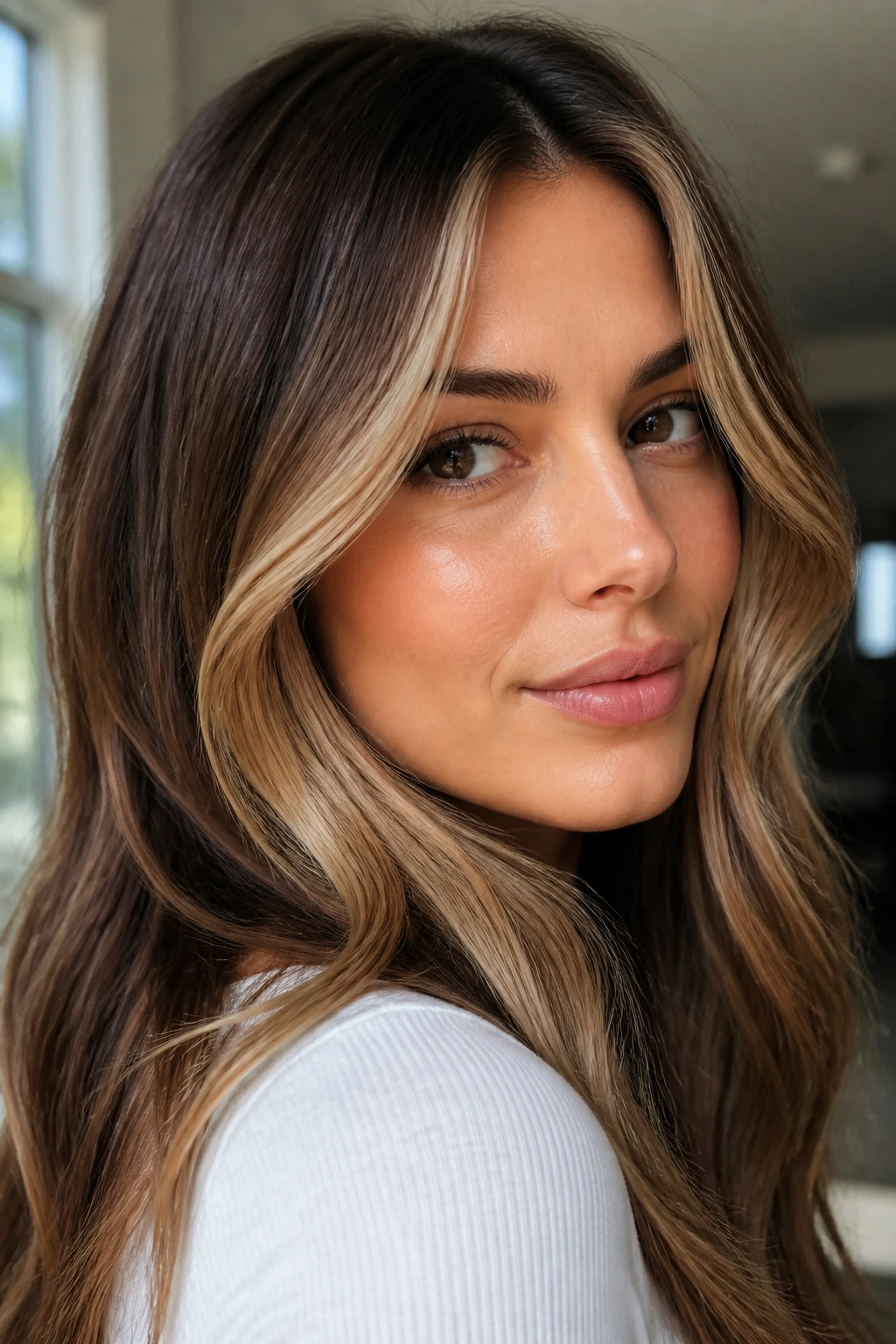 Close-up of a face highlighting a beige caramel money piece at the cheekbones