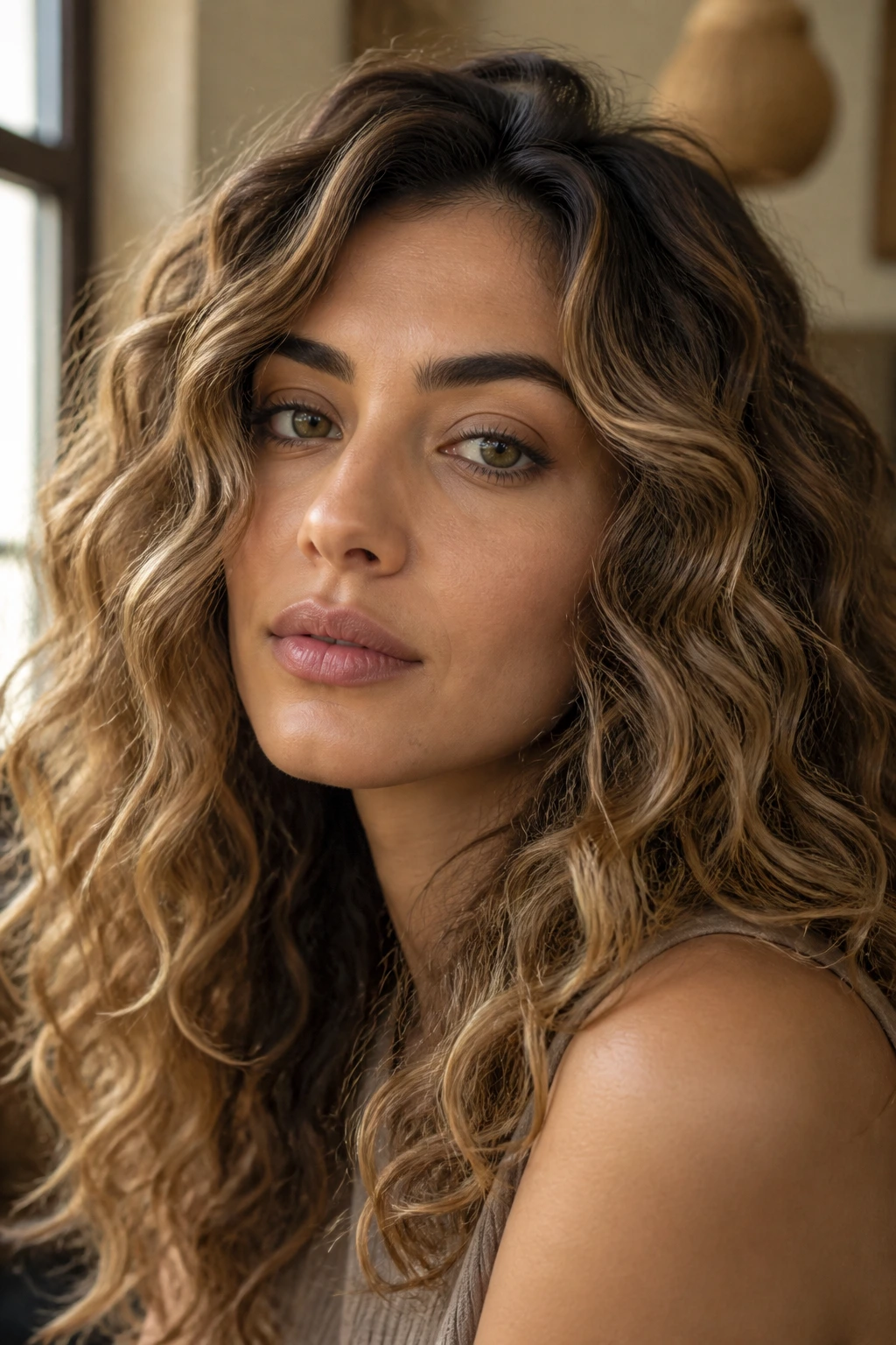 Close-up portrait of a person with beige caramel hair on muted olive skin in natural window light.
