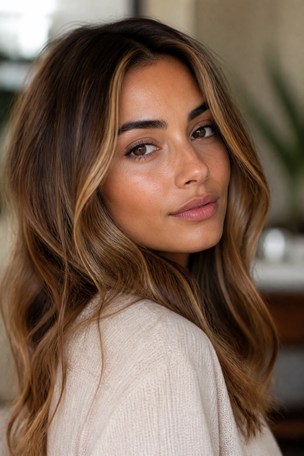 Close-up of an olive-skinned woman with a well-sited beige-caramel honey shade.
