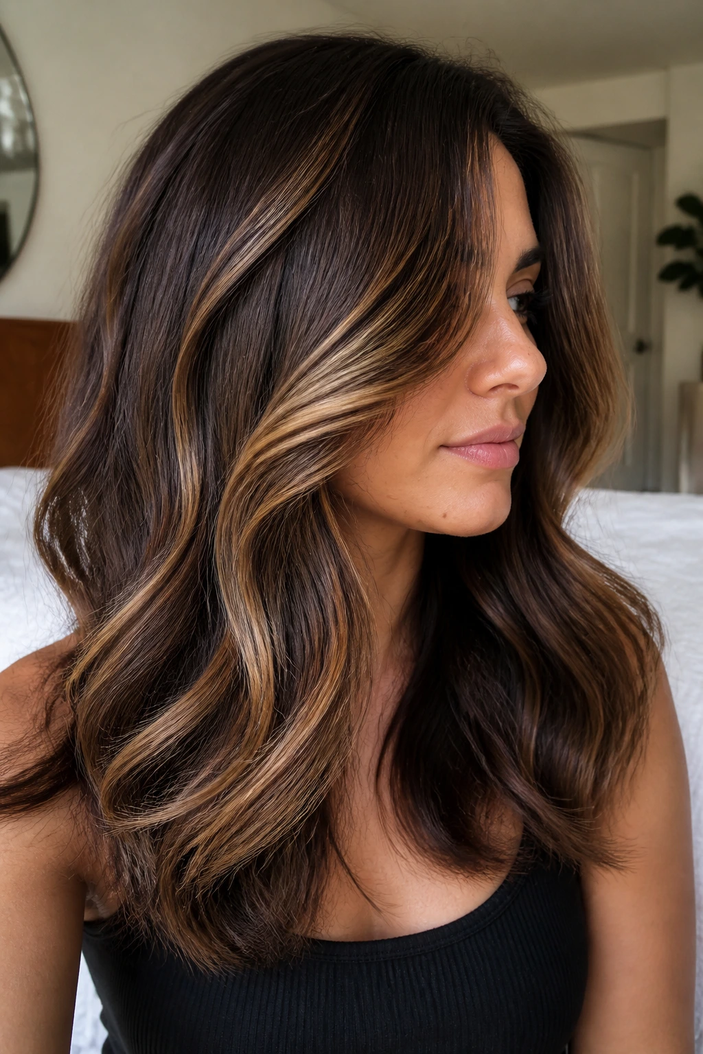 Beige caramel ribbons on thick brunette hair