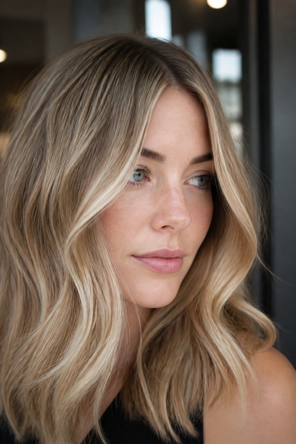 Close-up of a real person with beige champagne balayage on cool-toned hair, soft roots.