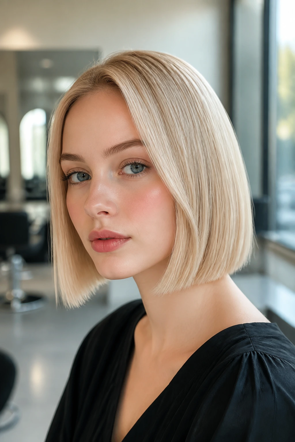 Real woman with beige champagne bob and clean ends
