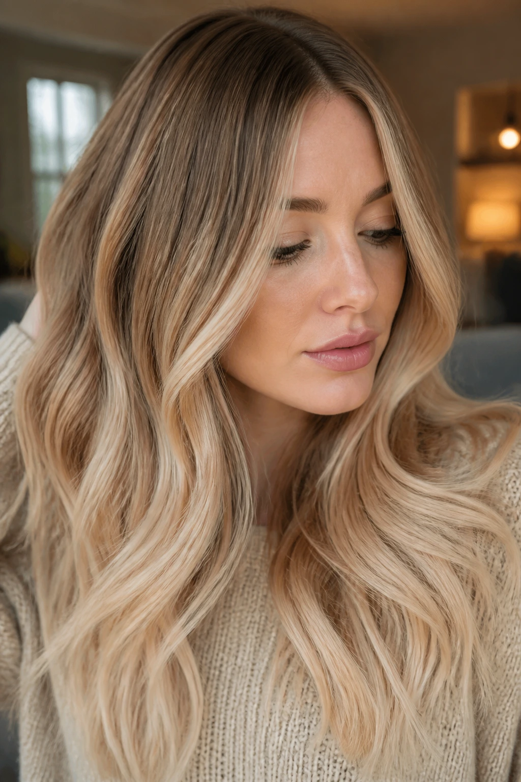 Close-up portrait of hair with beige-to-champagne melt on pale skin