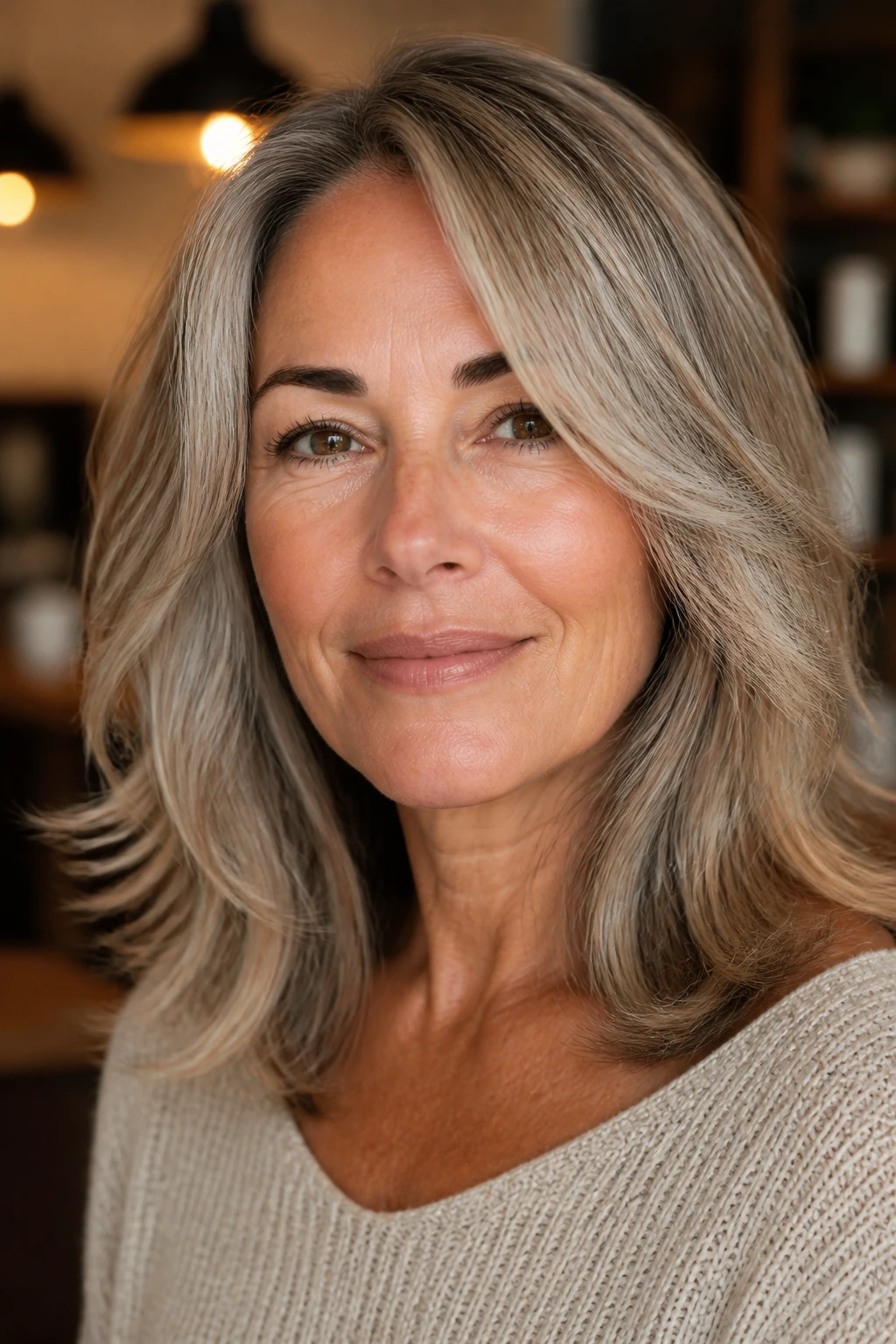 Portrait showing beige champagne mushroom grey tones on warm-toned skin