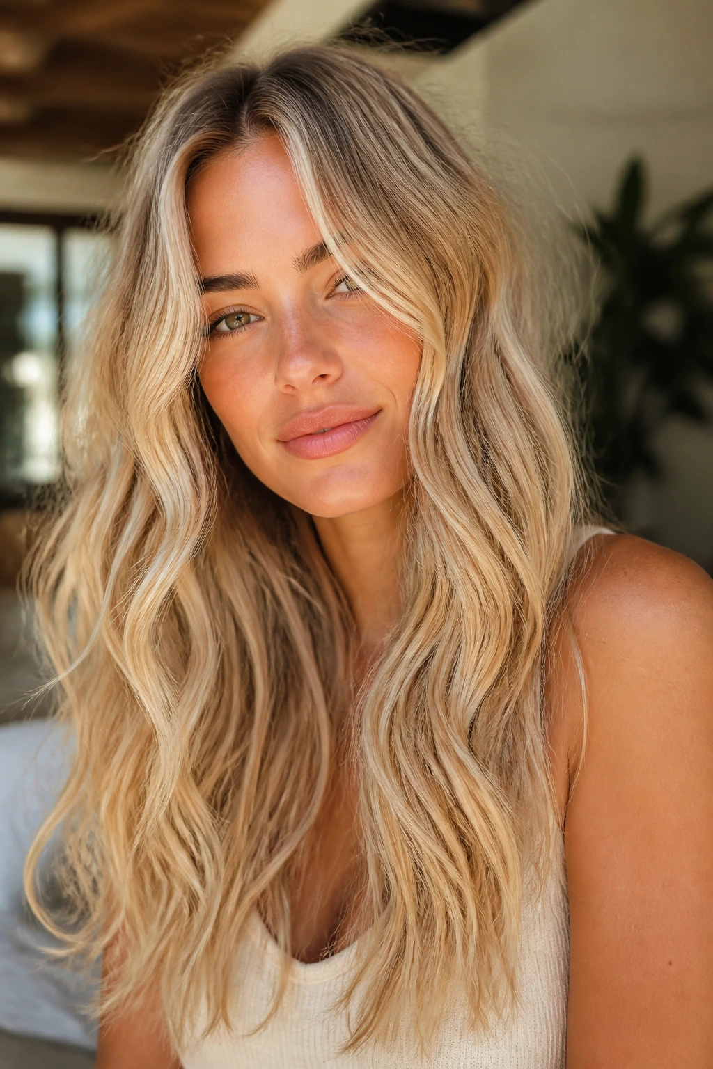 Portrait of a woman with beige champagne beach waves in warm sunlight