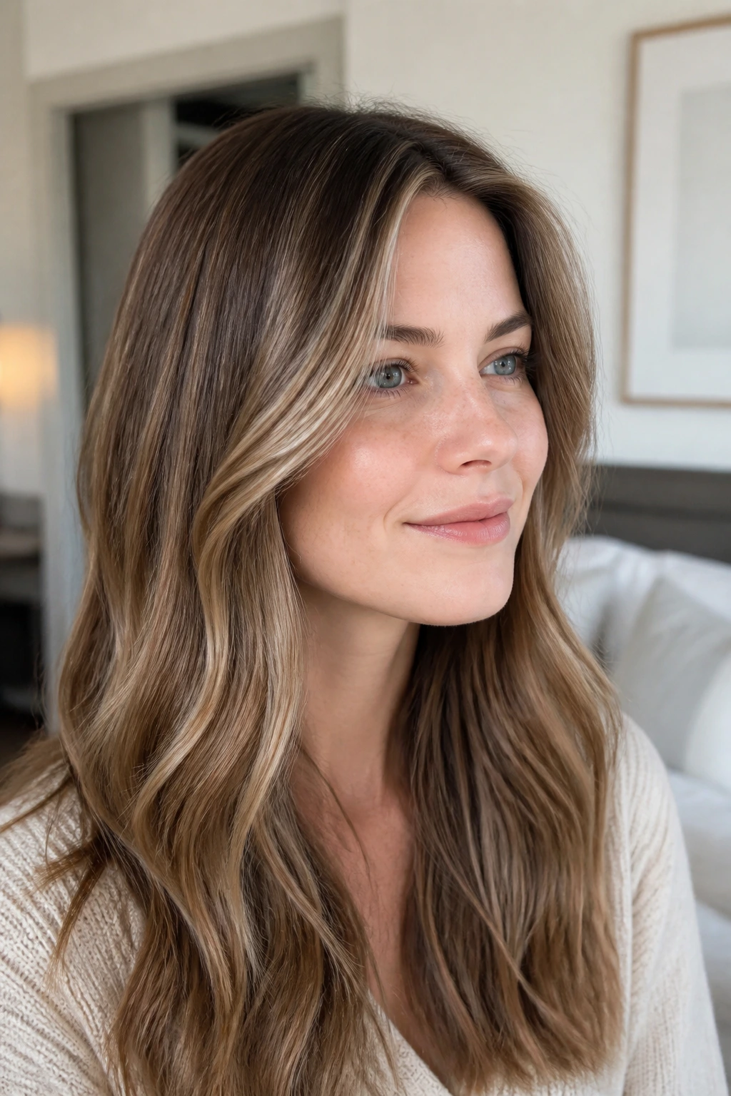 Portrait of a real woman with beige chestnut babylights across hair