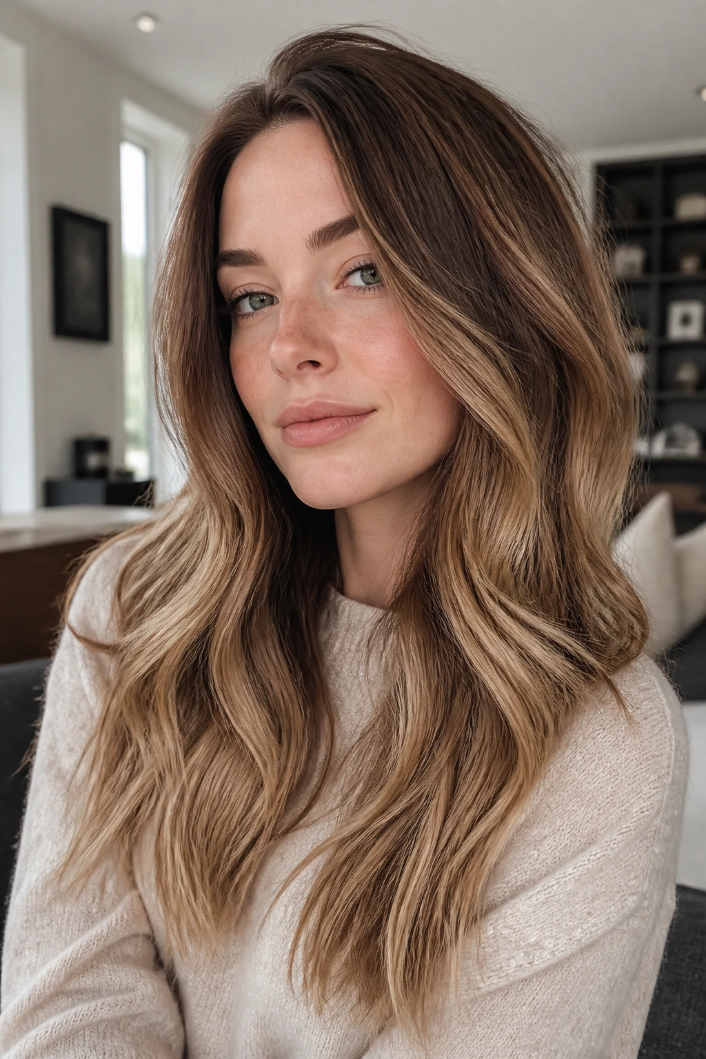 Close-up of a real woman showing beige chestnut caramel sombre balayage on mid-length hair.