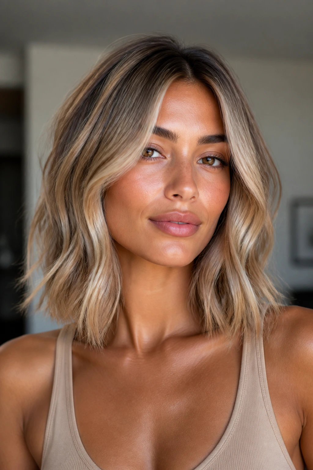 Close-up of a tan-skinned woman with beige blonde collarbone-length lob and soft bend