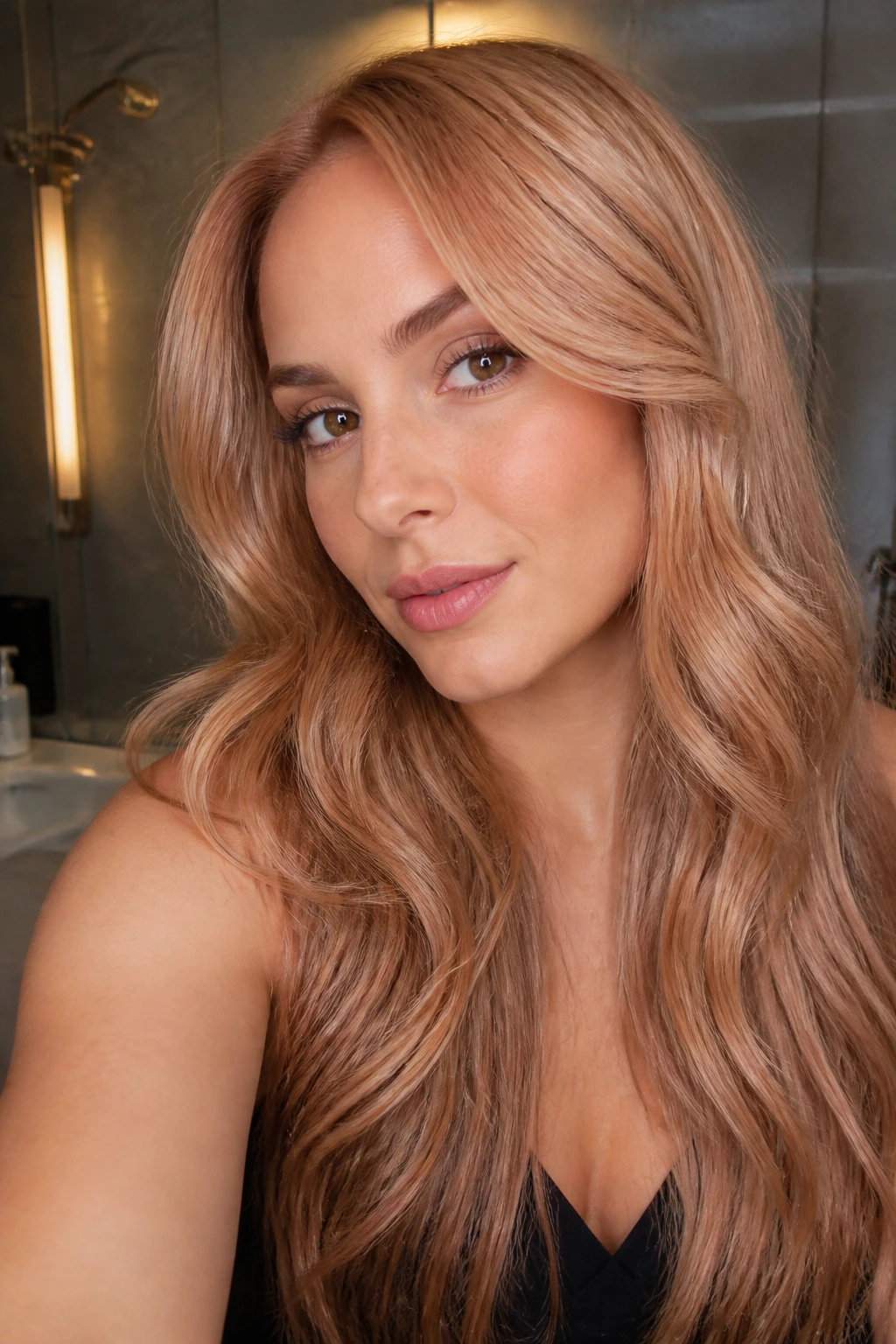 Real woman with beige copper gloss hair in warm lighting.