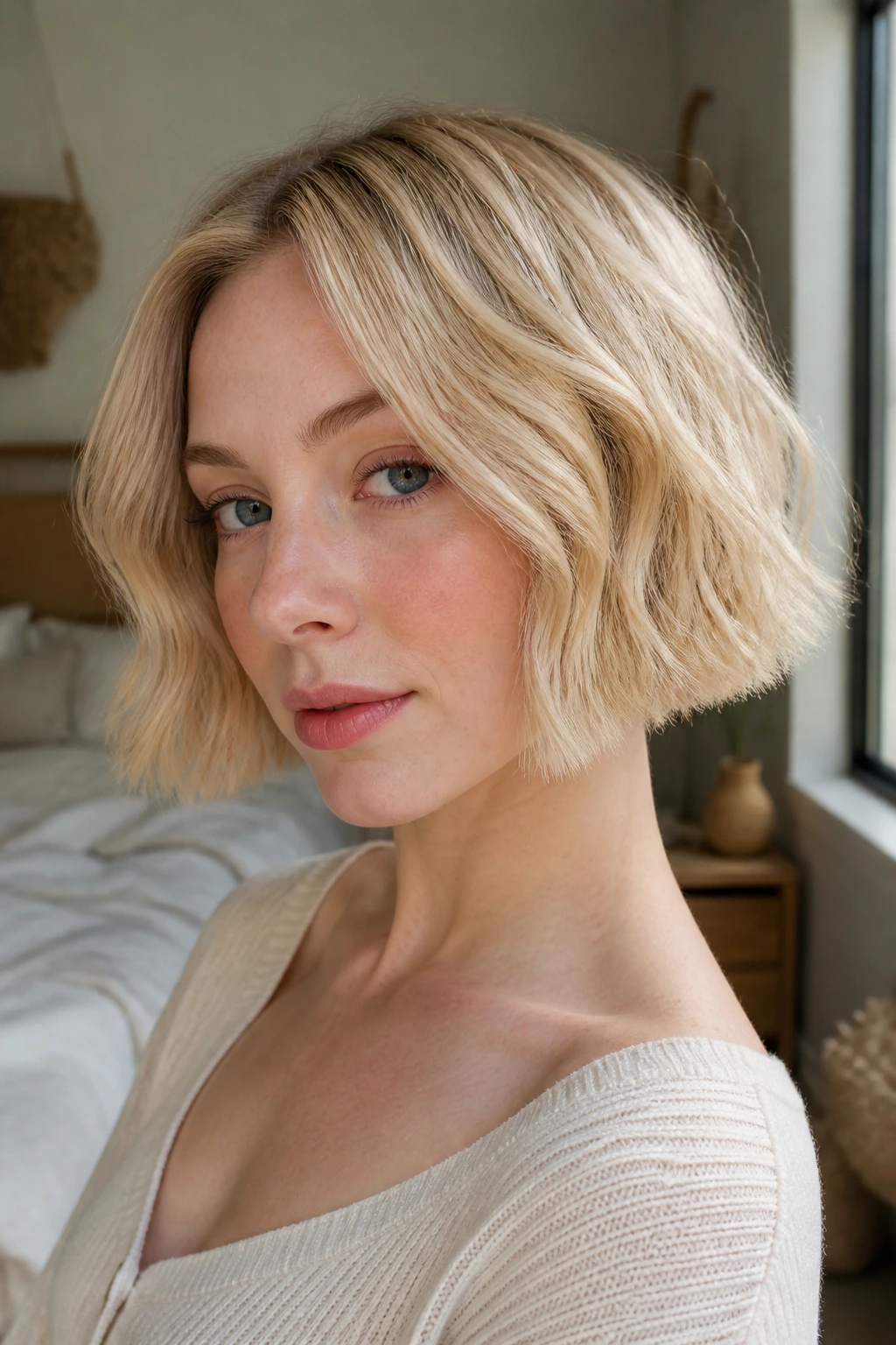 Close-up portrait of a real woman with a jaw-length French bob in beige cream, soft light.