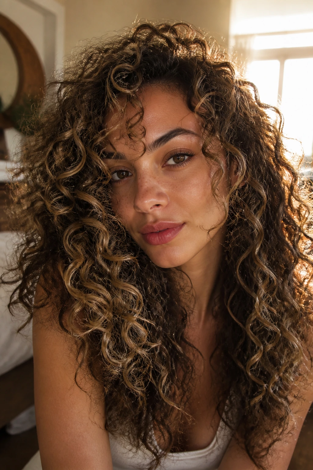 Close-up of a real woman with lived-in beige curls on dark hair.