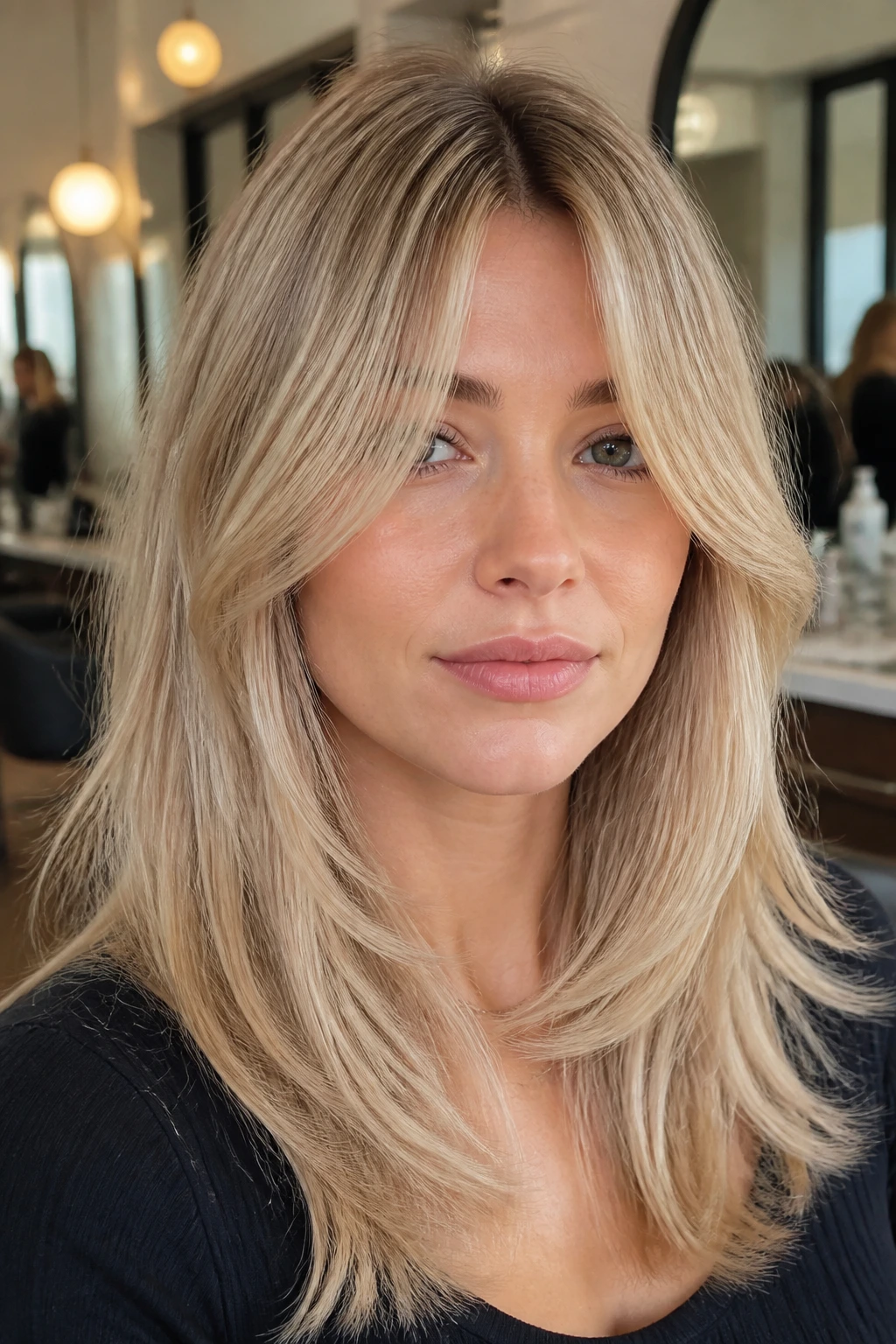 Close-up portrait of a real woman with beige curtain bangs