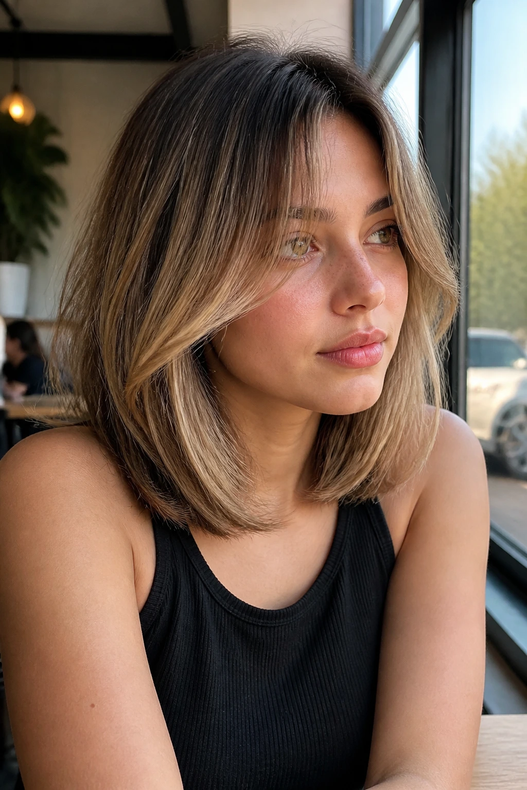 Beige curtain lob with beige highlights on dark hair