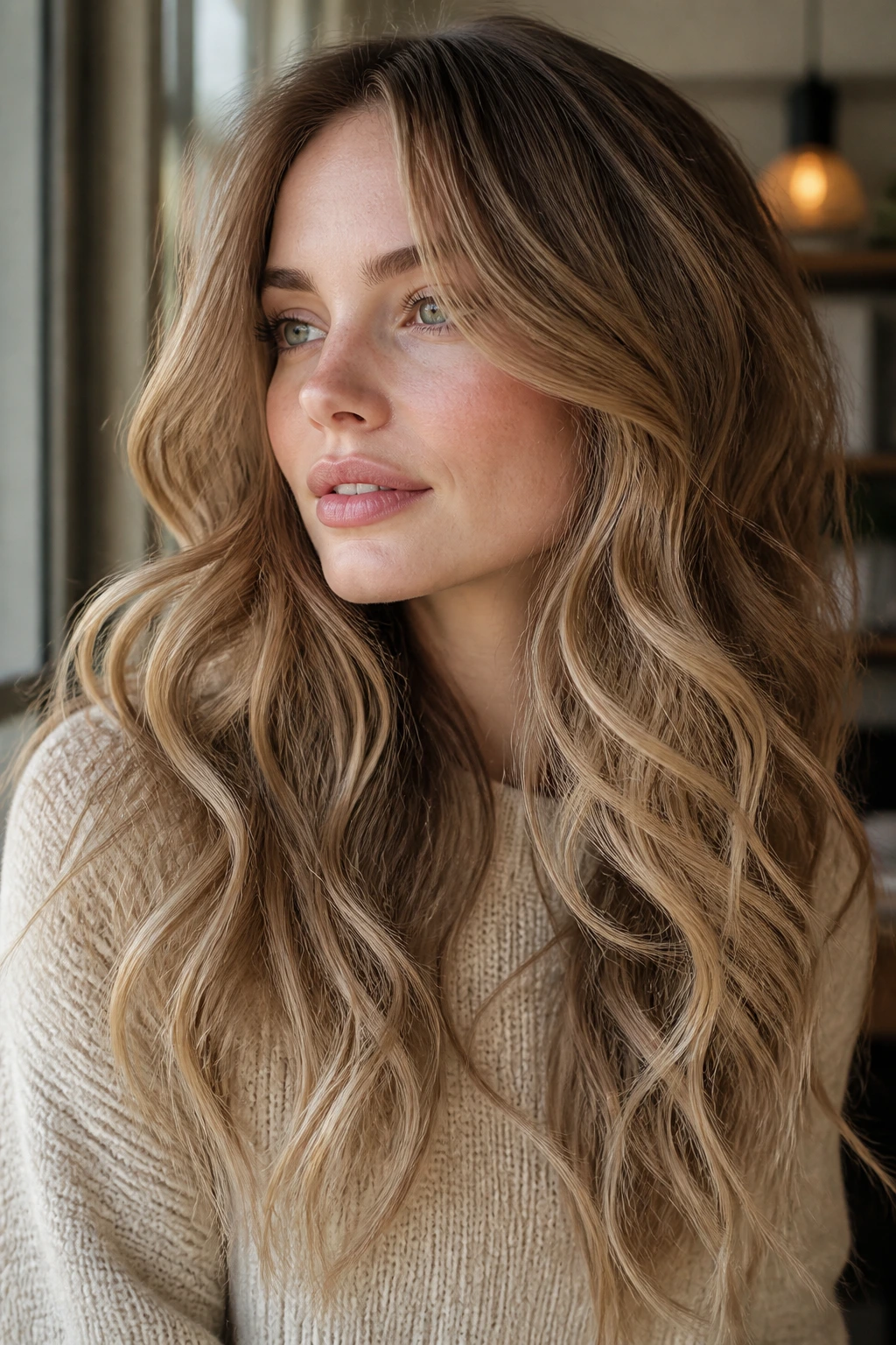 Portrait of a person with beige-dark blonde long waves on pale skin.