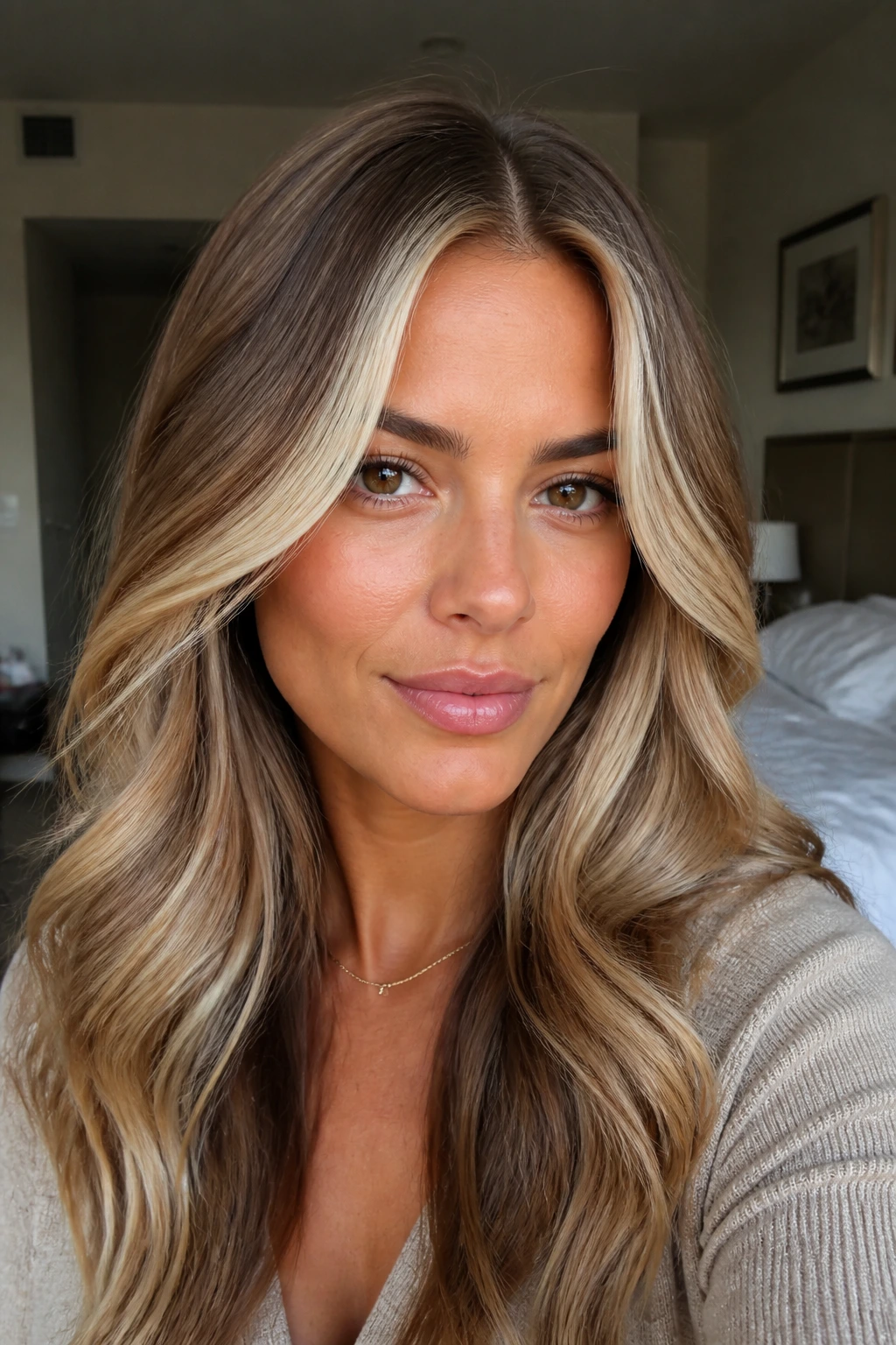 Close-up of a real woman with beige-blend face-frame highlights