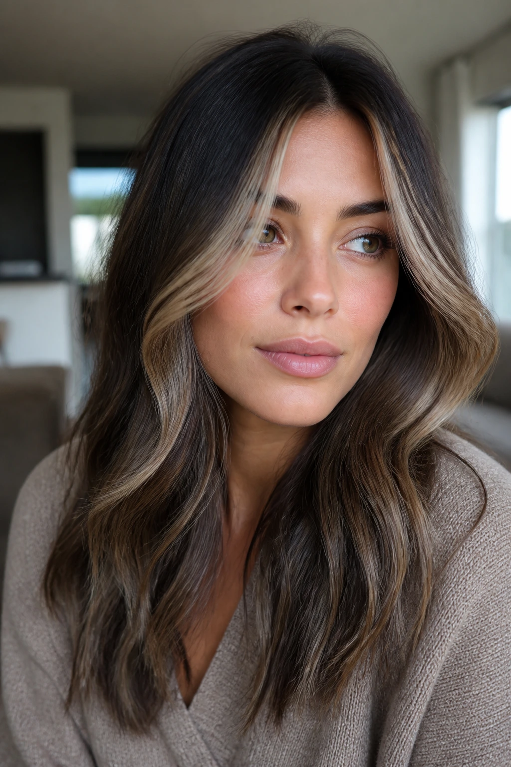Close-up of beige face-framing highlights around the face