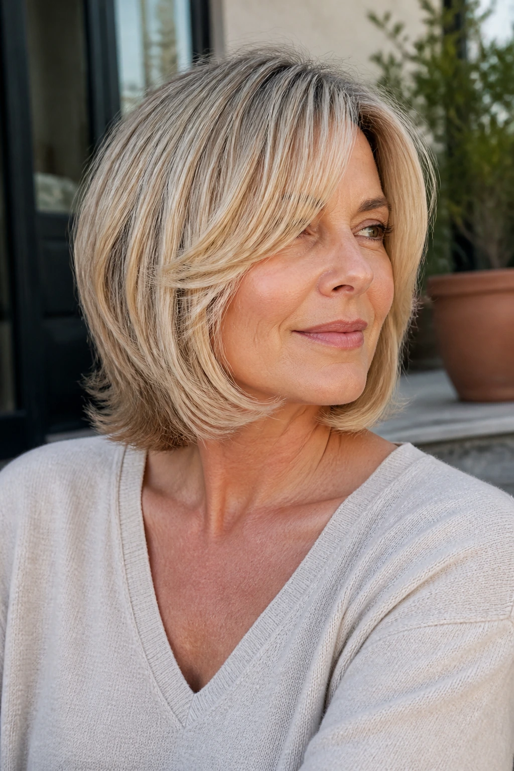 Real woman with beige feathered lob showing collarbone length and feathered ends
