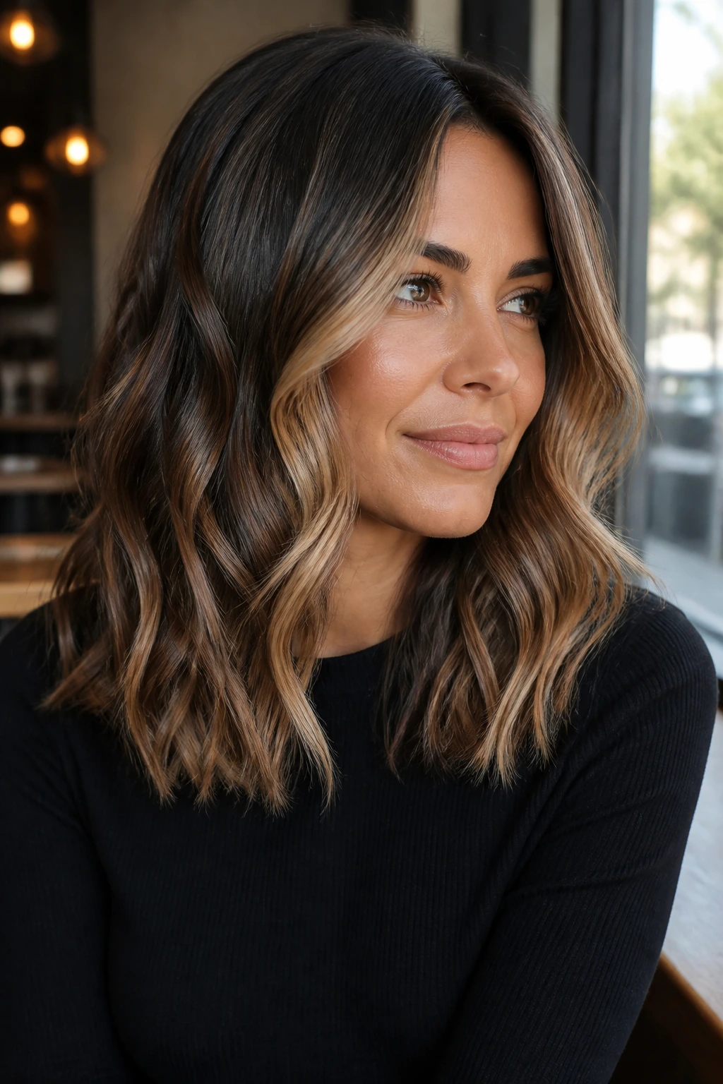 Close-up of a real woman with Beige Foilayage on dark hair, strong front pieces and soft transitions.