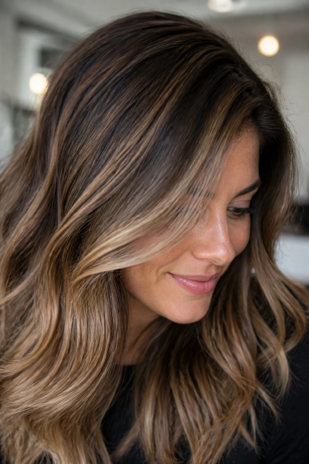 Beige foil highlights through brunette hair, silky and refined