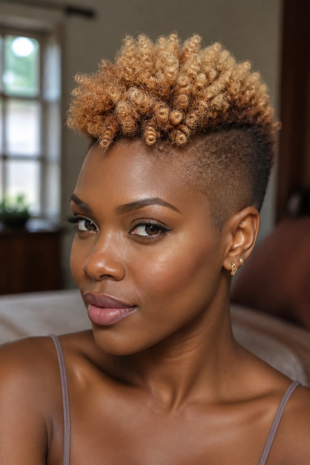 Close-up of warm beige frohawk on a real person in daylight.