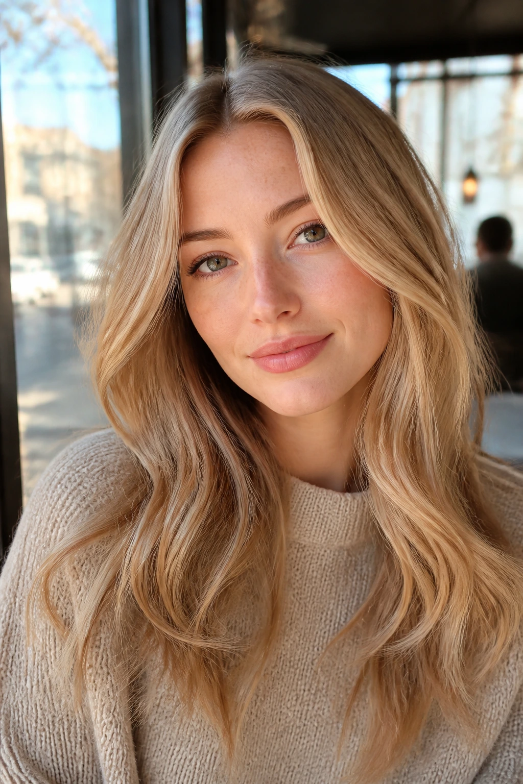 Portrait of a woman with beige glow honey hair in sunny cafe light