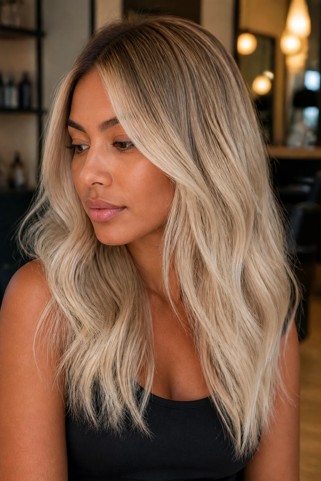 Portrait showing beige glow melt platinum hairstyle on a real person.
