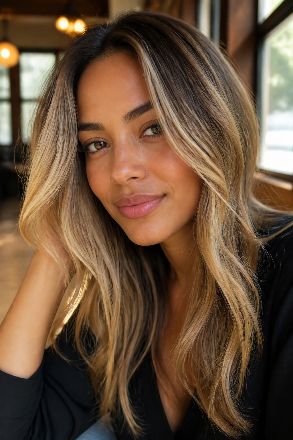 Close-up portrait of a real woman with warm beige-gold blonde and balanced depth