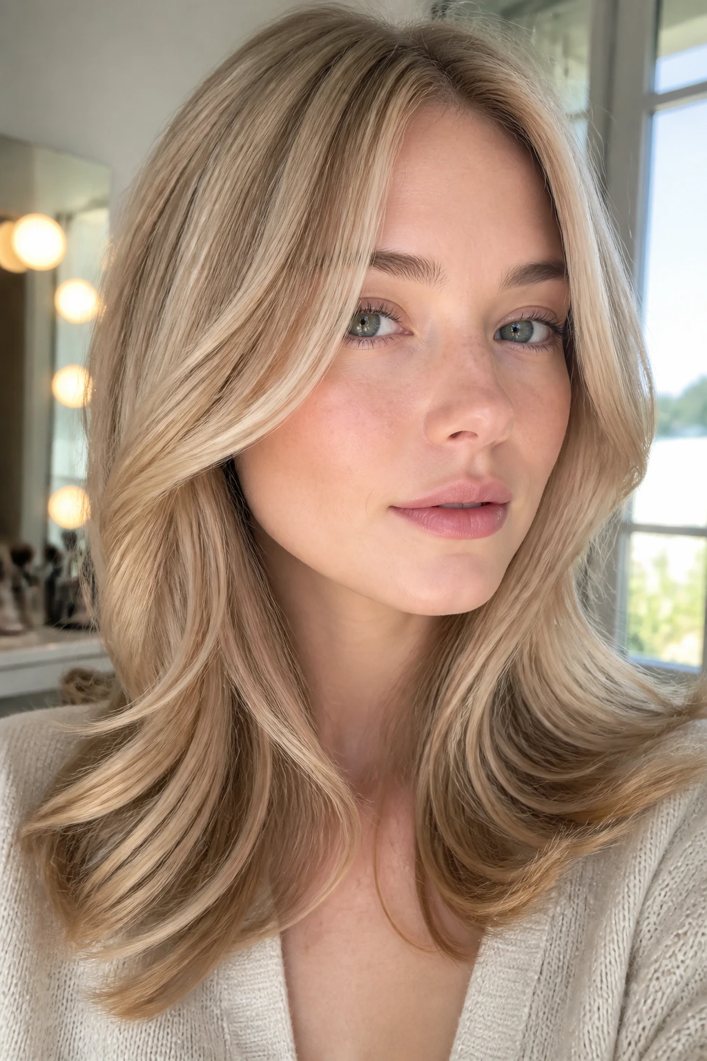 Portrait of fair skin with beige-gold warm blonde shade near the face