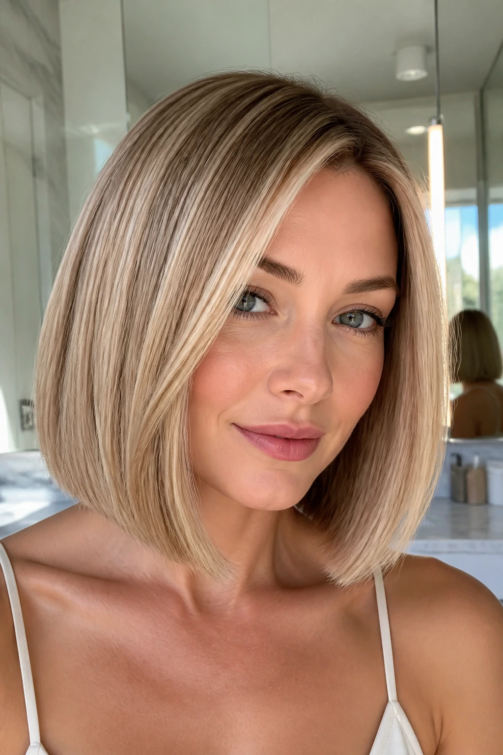 Portrait of a real person with a sleek beige gold bob
