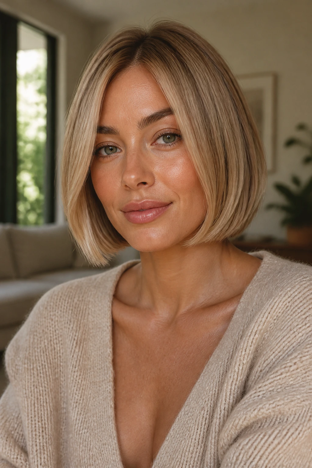 Portrait of a woman with beige-gold chin-length bob.