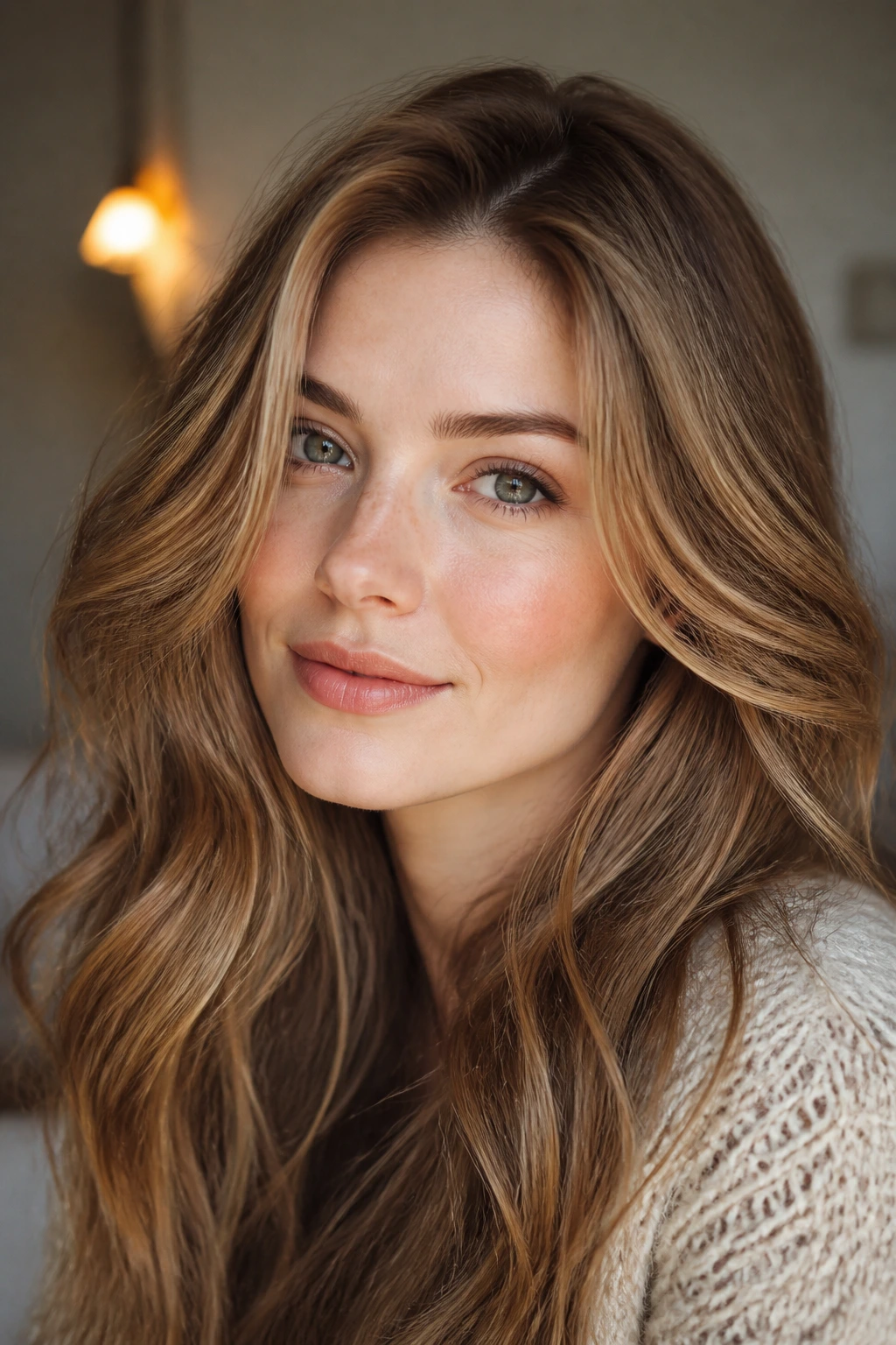 Close-up portrait of a real woman with beige gold brunette hair in warm light