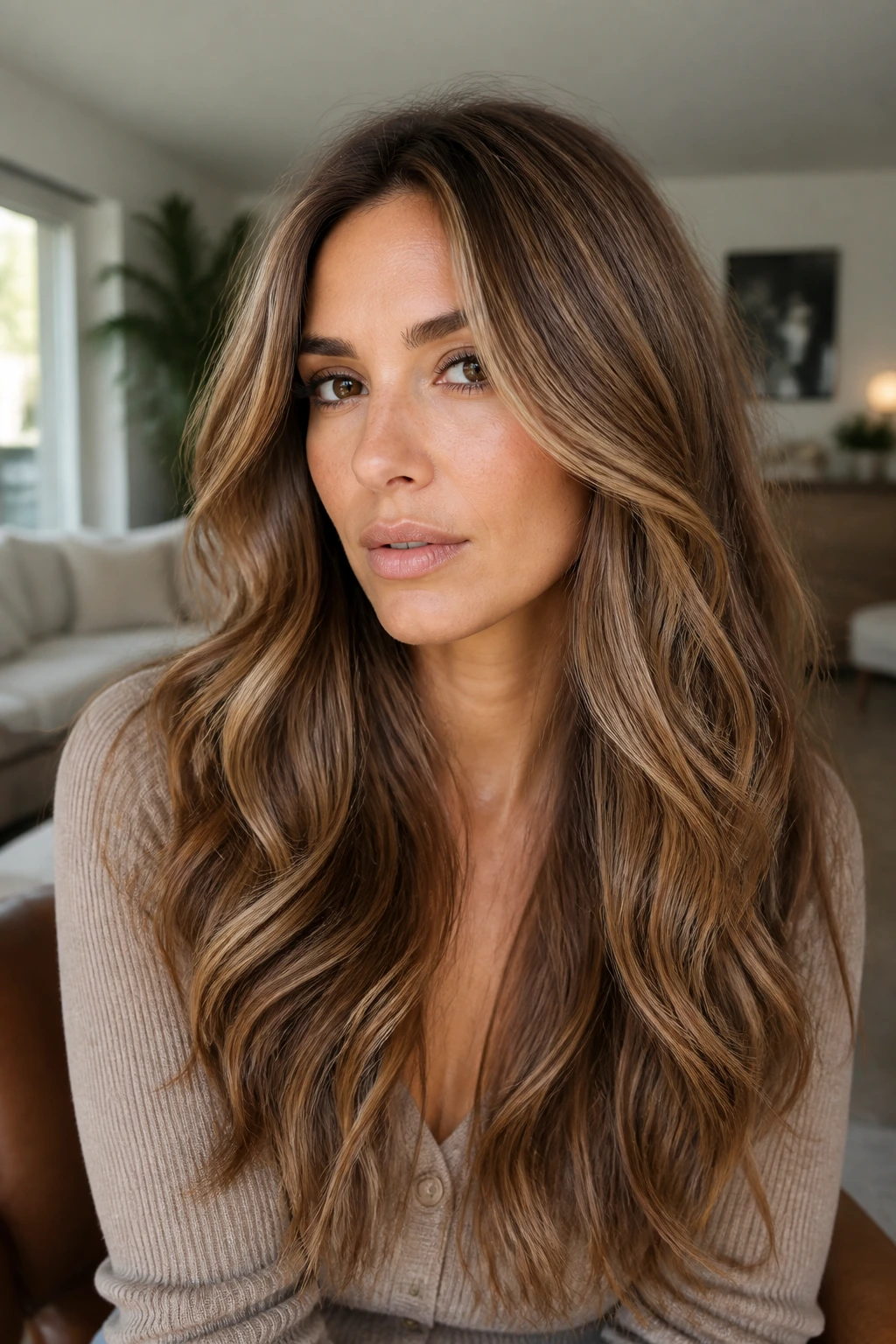Close-up portrait of a real woman with beige gold brunette hair