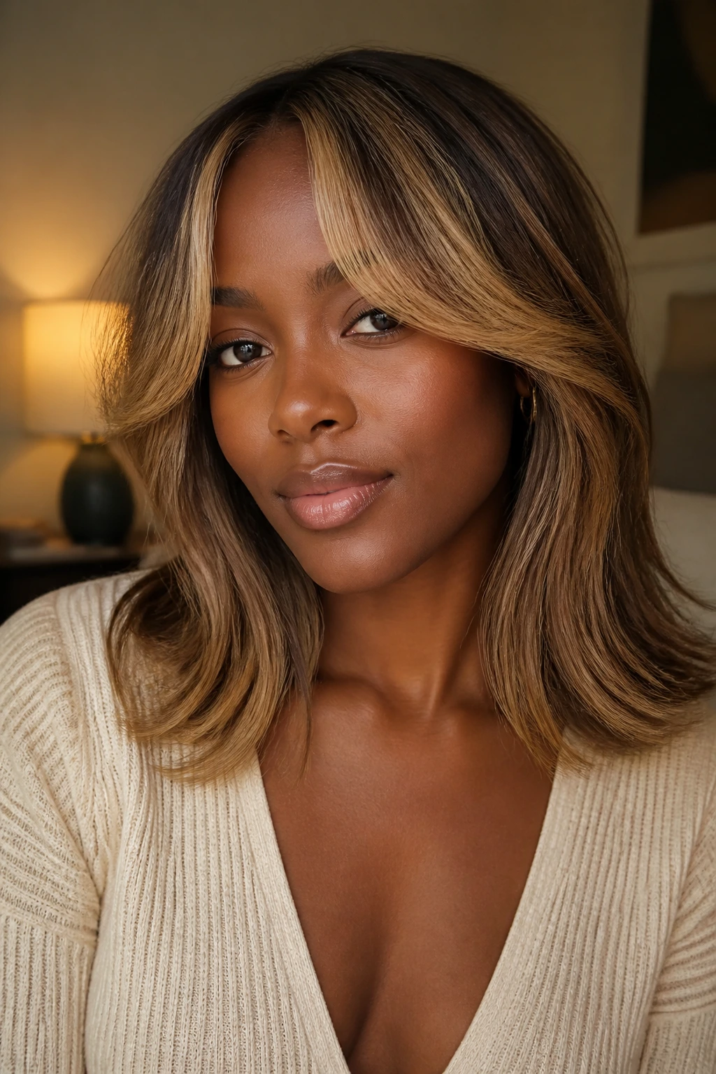 Close-up of a woman with beige-gold curtain fringe over the eyes