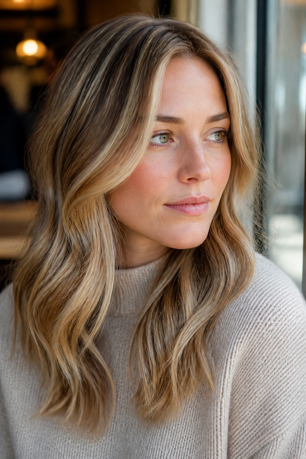 Close-up of a real woman with beige-gold lowlights and highlights on fair skin