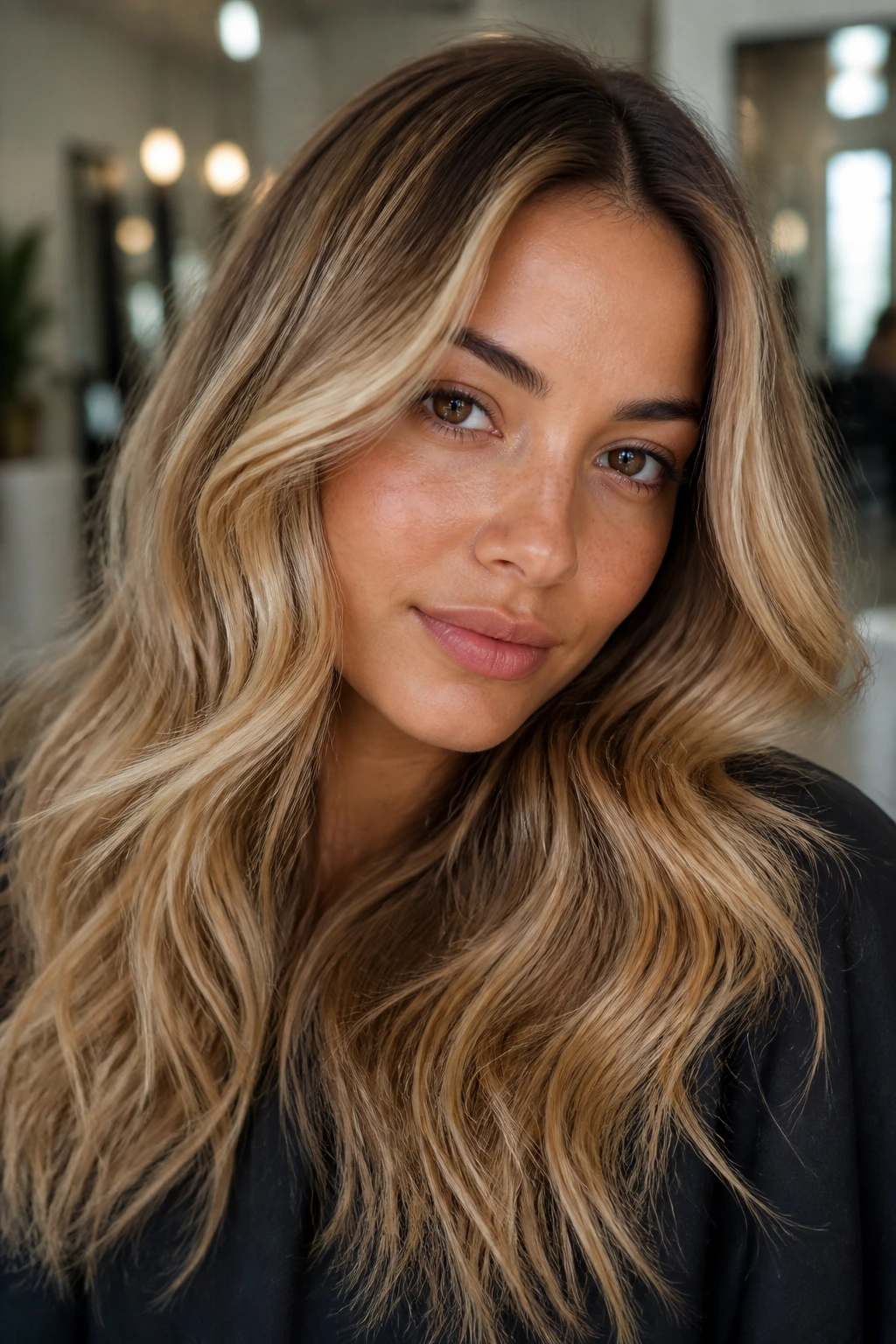 Portrait of a person with beige-gold honey blonde hair framing the face and a natural shadow root